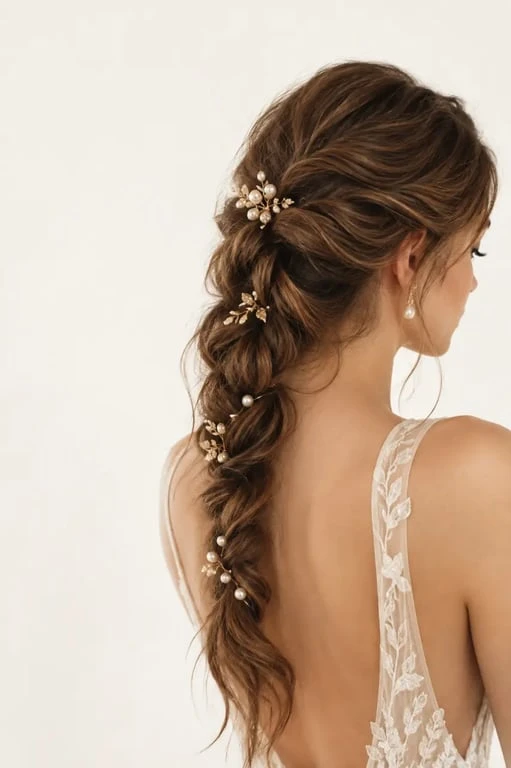Coiffure mariée cheveux longs avec tresse bohème et épingles perlées
