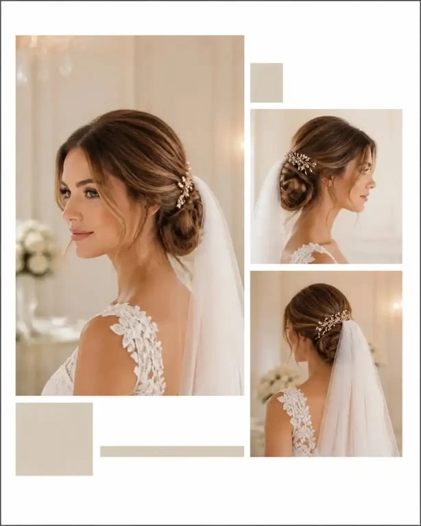 Coiffure mariée cheveux longs avec chignon bas flou, voile et peigne bijou