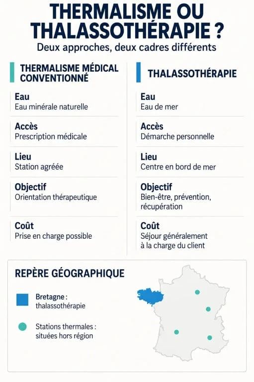 Cure thermale en Bretagne : infographie comparant thermalisme médical et thalassothérapie