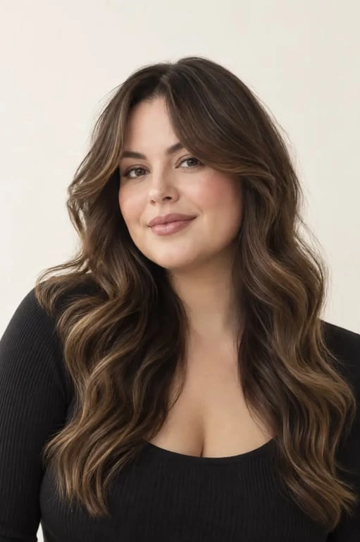 Visage rond coupe de cheveux longue avec dégradé et frange rideau