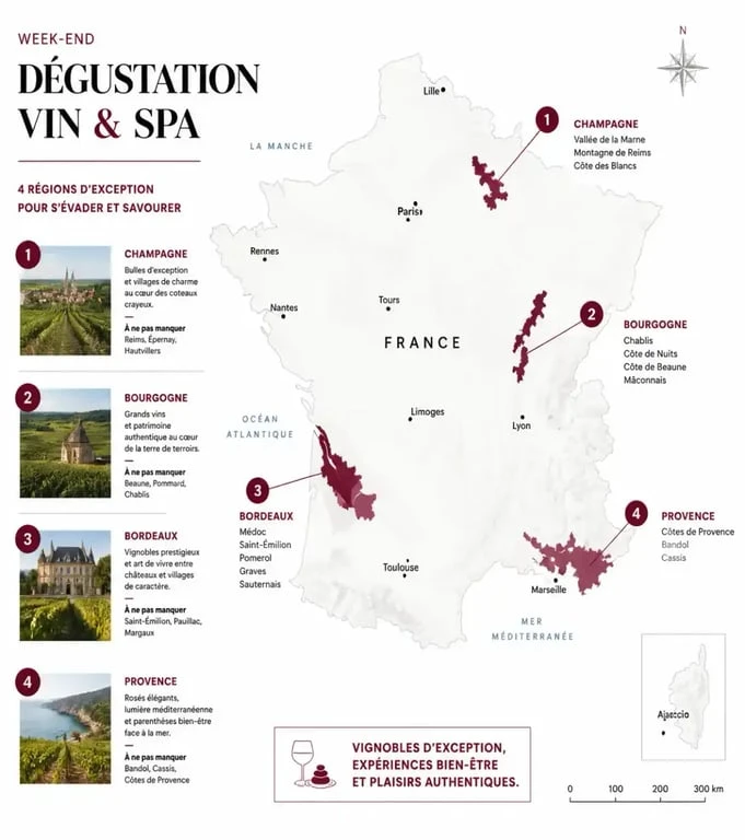 Carte des régions viticoles françaises pour un week-end dégustation vin et spa