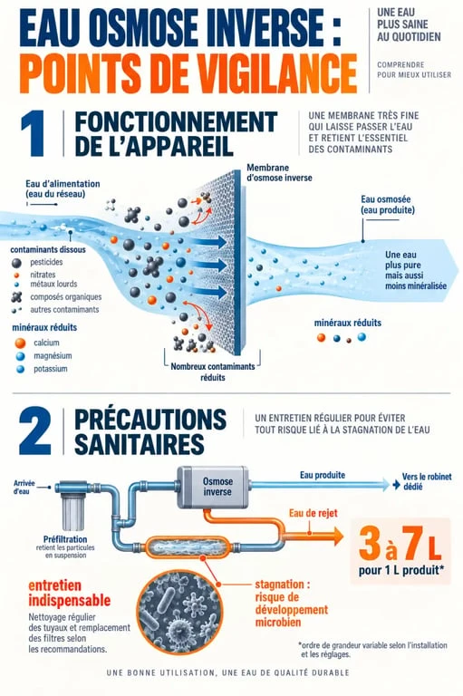 Eau osmose inverse danger : déminéralisation, entretien du circuit et volume d’eau rejetée