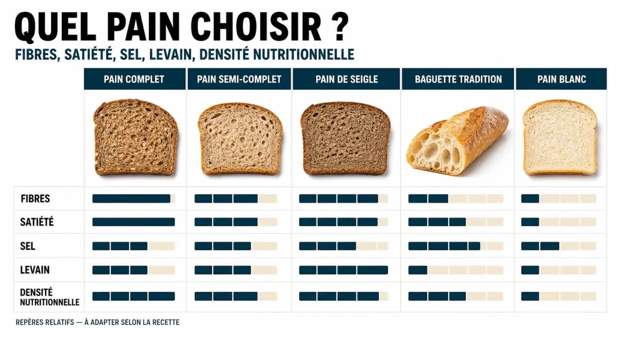 Quel pain manger : comparatif visuel entre pain complet, pain semi-complet, pain de seigle, baguette tradition et pain blanc