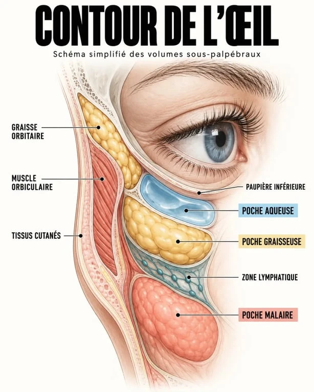 Schéma des causes des poches sous les yeux : lymphe, graisse orbitaire et poche malaire