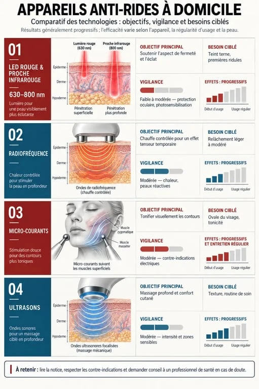 Appareil anti-rides avis dermatologue : comparaison des technologies LED, radiofréquence, micro-courants et ultrasons