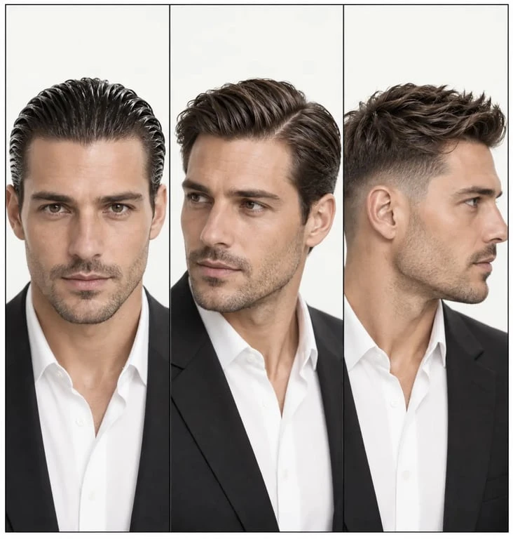 Trois variantes modernes de cheveux gominés : wet look, raie basse et finition texturée