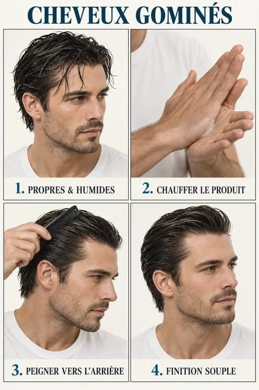 Étapes pour réaliser des cheveux gominés avec application du produit et coiffage au peigne