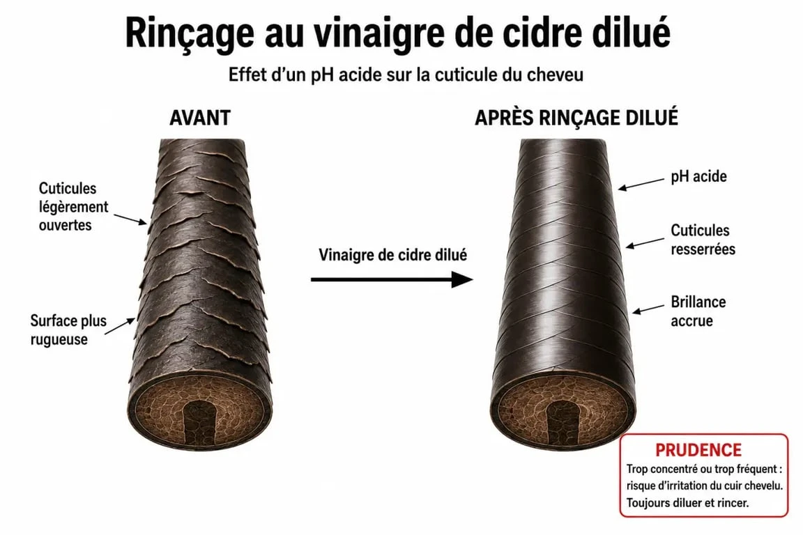 Vinaigre de cidre et cheveux : schéma du pH acide et des cuticules avant et après un rinçage dilué
