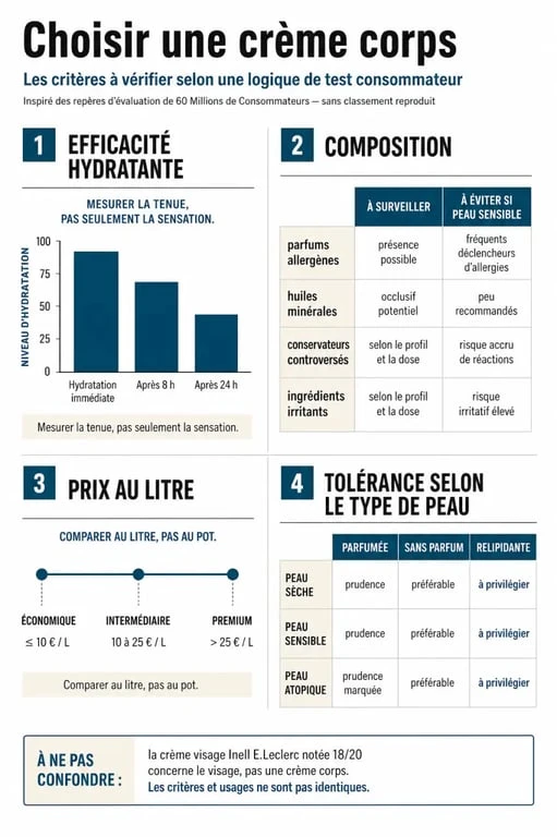 Infographie meilleure crème corps 60 millions consommateur avec critères de choix, prix au litre et composition