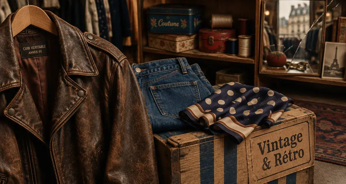 Style vestimentaire vintage : veste cuir années 1980 en friperie parisienne