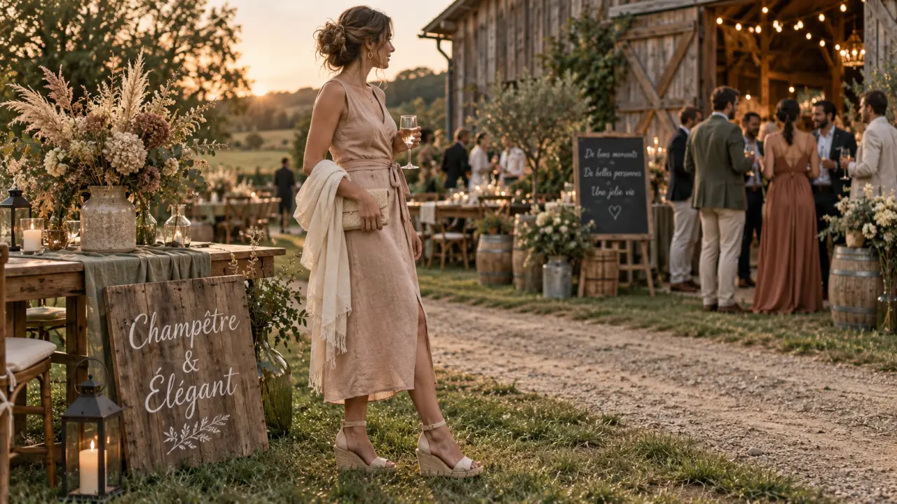 Tenue mariage champetre en robe midi en lin beige rosé, sandales et châle ivoire